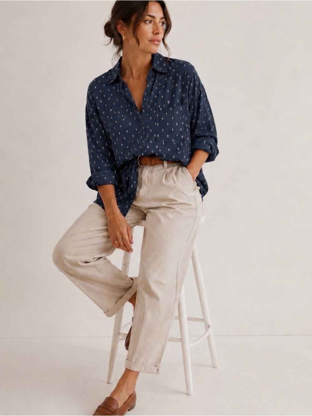 J. Jill women's XS petite navy cotton tunic blouse geometric popover shirt